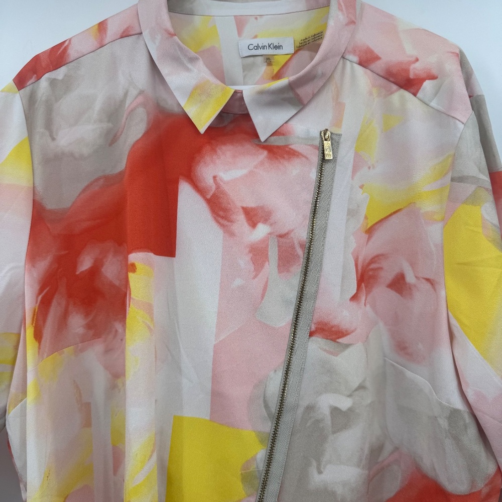 Calvin Klein Top Women 2X Orange Yellow Asymmetrical Zip Long Roll Tab Sleeve - Picture 6 of 13